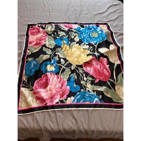 Saldarini Silk Scarf Black & Multicolor Big Floral Hand-Rolled Hem 33" x 33" - Picture 1 of 8